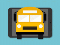 Graphic of a school bus driving out from a tablet.