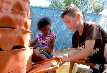 Students are planting in the school backyard.