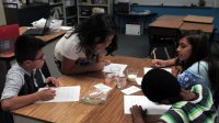 Students are observing on their work in the science class.