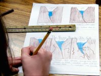 Close up of a hand holding a pencil captioning drawings of water seeping between rocks, freezing and melting