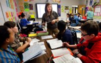 Teacher working with elementary school students in their classroom