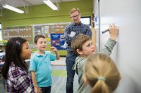 Elementary school students working together at a whiteboard with their teacher observing