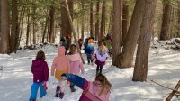 Elementary students walking through snowy woods