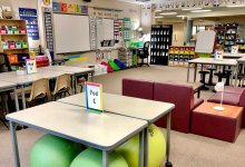 The author's flexible classroom, with many different seating arrangements such as chairs, couches, yoga balls, and stools