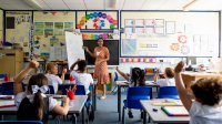 Photo of elementary teacher and students in classroom