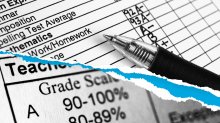 Collage illustration of recorded grades and grading scale with ripped edges