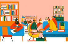 Illustration of students doing different activities together and separate in a school library