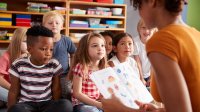 Elementary teacher reading a picture book to her class