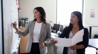 Two teachers working at a whiteboard