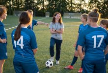 Soccer coach talking to team