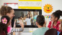 Elementary class talking via video chat to a class in another country