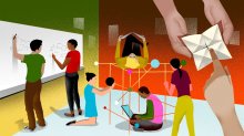 Illustration concept of students collaborating and learning in a playful way in the classroom