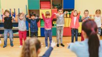 Photo of elementary classroom stretching