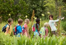 Elementary teacher walks outside with students as class project