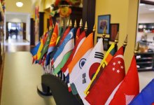 Flags from around the World lining a school hallway