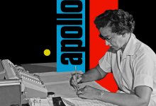 A photo of mathematician Katherine Johnson working at NASA superimposed on a black, blue, and red background with the word "Apollo" behind her