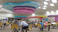 Young students are working at tables in a large multipurpose room with large colorful-shaped decorations hanging from the ceiling. 