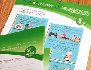 A 3rd grade handout from Andson Money showing the lesson for the month is needs versus wants