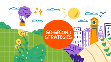 An illustration of a hot air balloon flying over green hills with a clock tower behind and the title "60-Second Strategies" in the center.