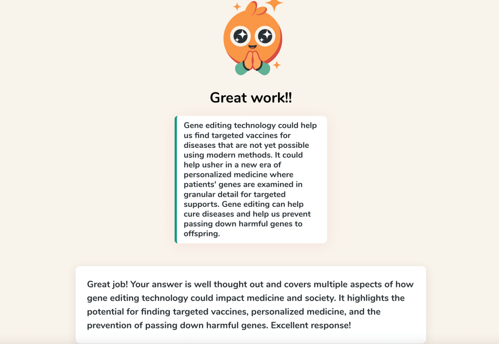 Caption: A student’s answer to the question “Explain how gene editing is used, and give an example,” along with the feedback generated by Curipod. 