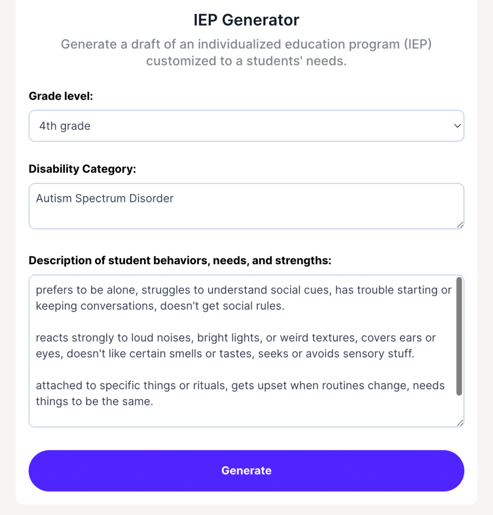 Screenshot of the IEP generation tool in MagicSchool AI