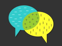 An illustration of 2 quotation bubbles -- one yellow, one blue, overlapping into green.